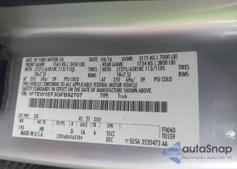 2016 Ford F-150 Lariat из США, поврежденный, VIN 1FTEW1EF3GFB92707